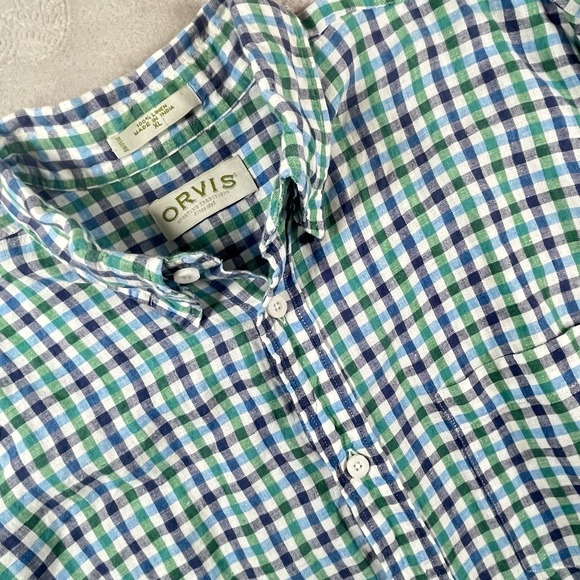 Orvis Pure Linen Short Sleeve Button Down Shirt Men's XL Blue Green White Check - Picture 1 of 6